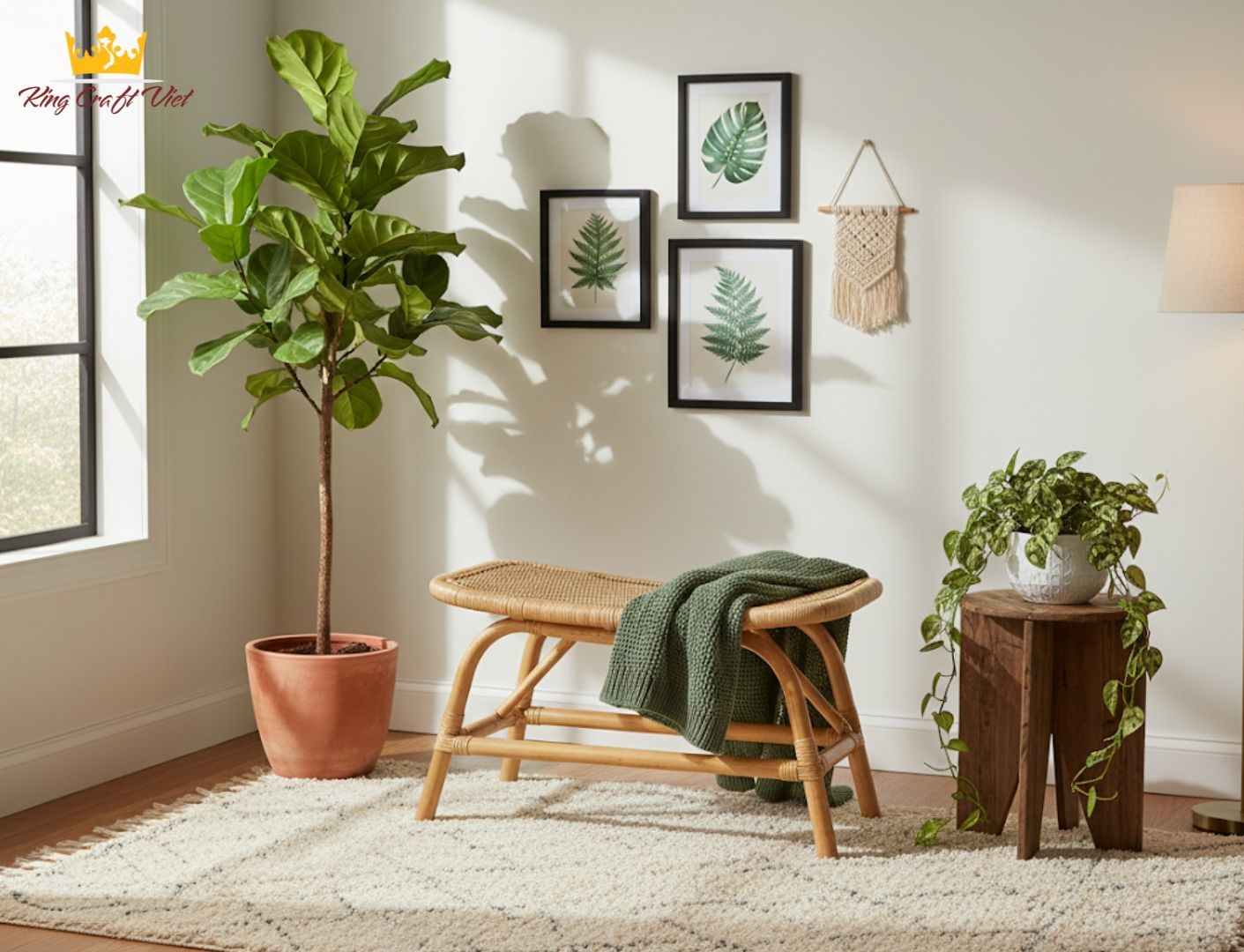 A cozy corner of the room with rattan stools and green plants.