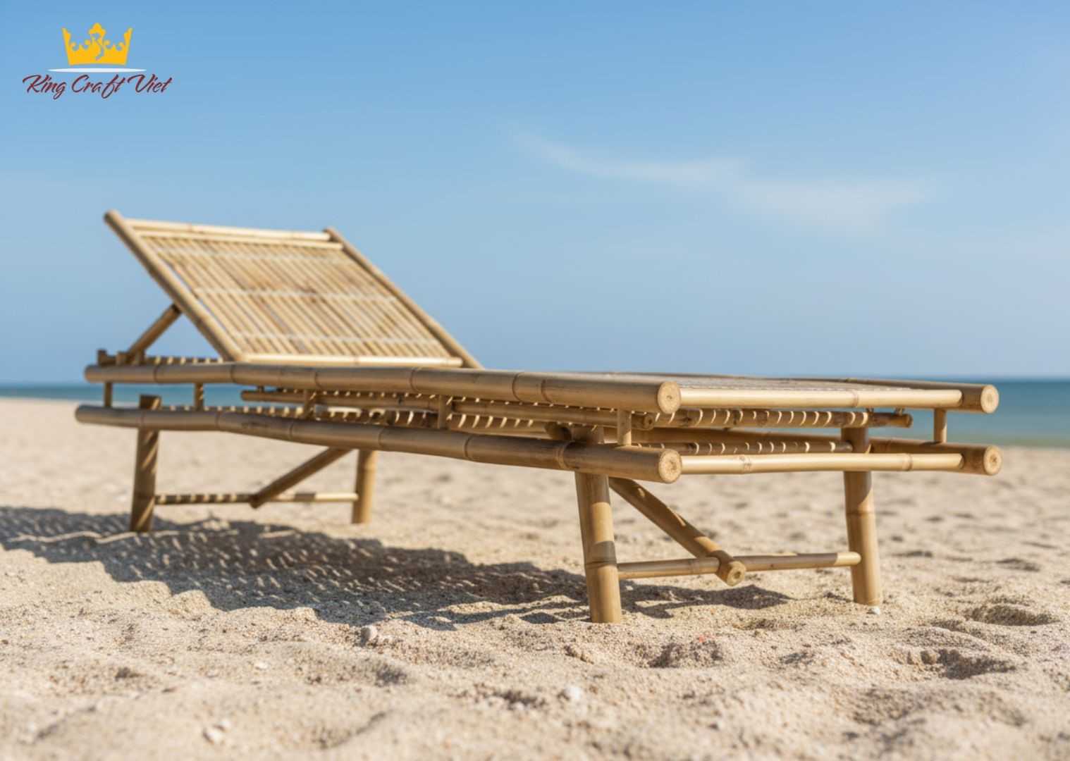 Foldable bamboo beach chair on sandy shore