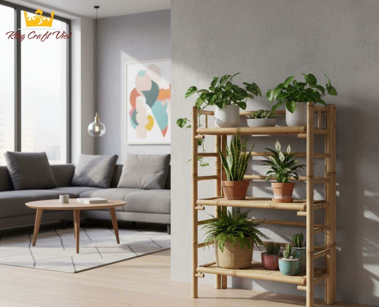 Handmade bamboo shelf in a modern living room