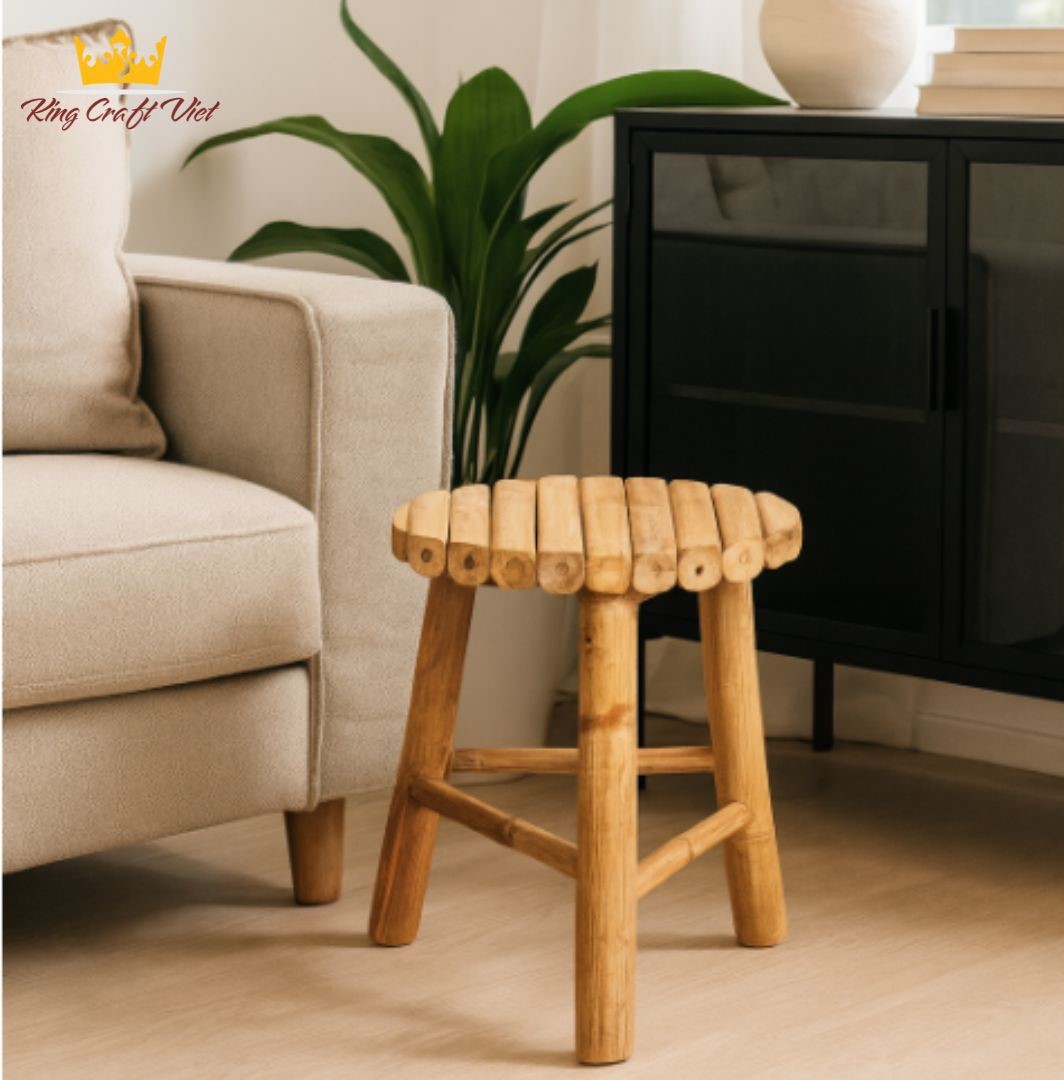 Handwoven rattan stool in modern living room interior
