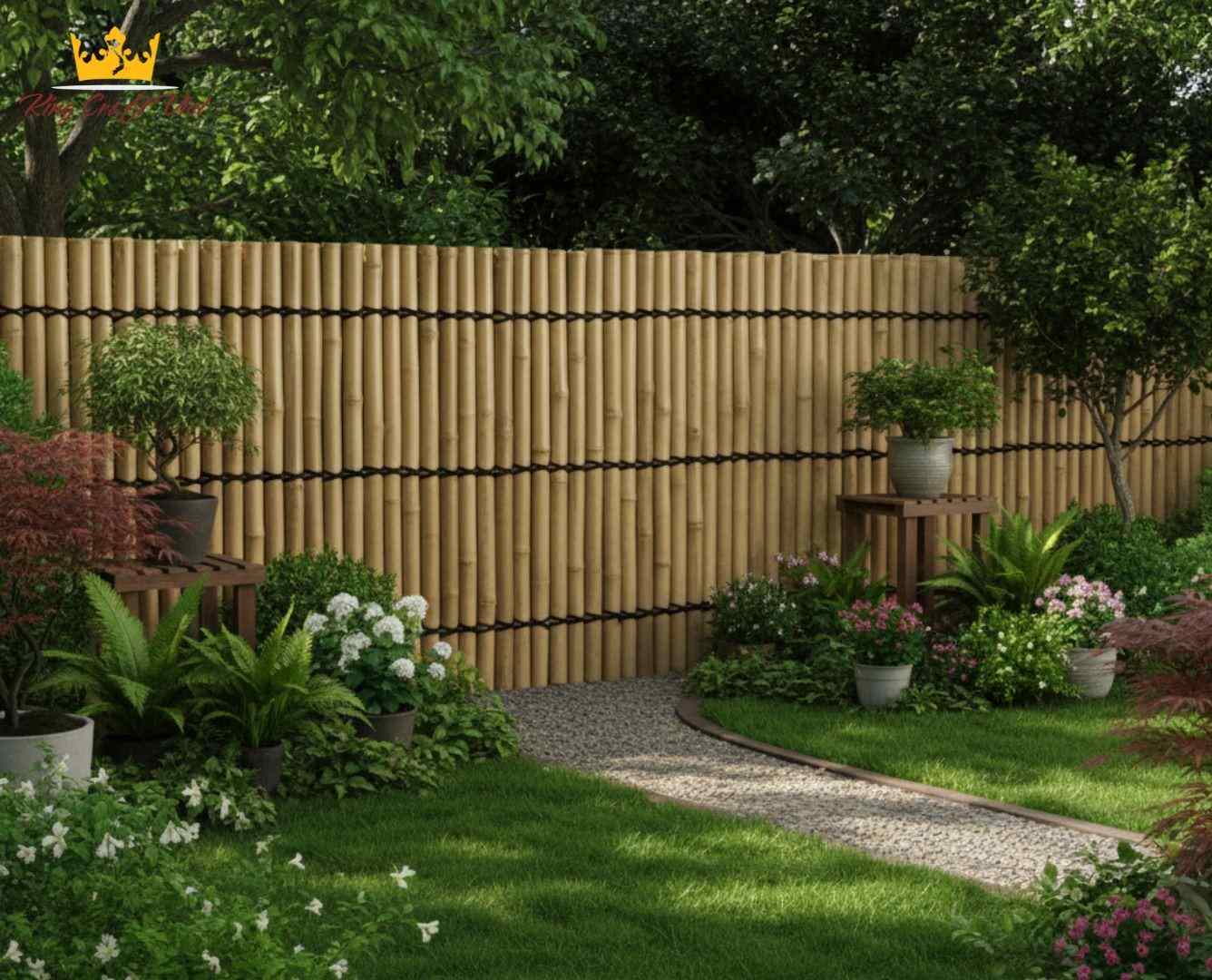 Natural bamboo fence and green trees