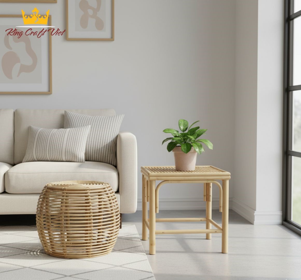 Round handwoven rattan stool ottoman