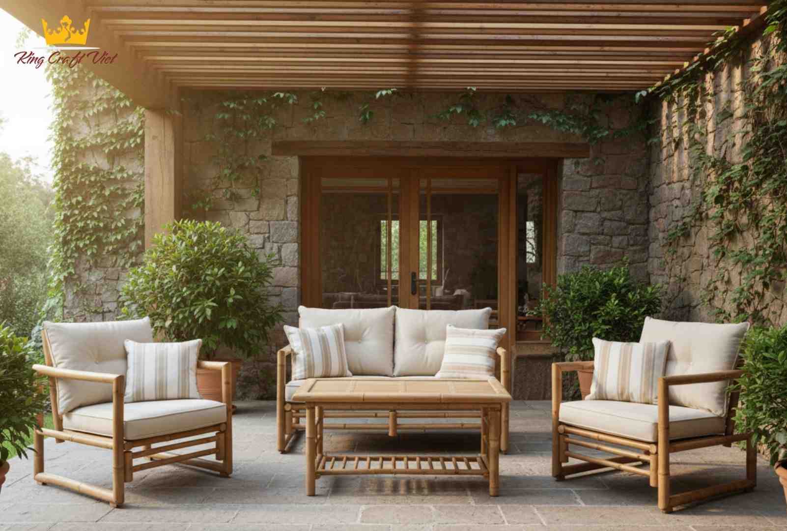 Handcrafted bamboo furniture set with soft white cushions for outdoor relaxation