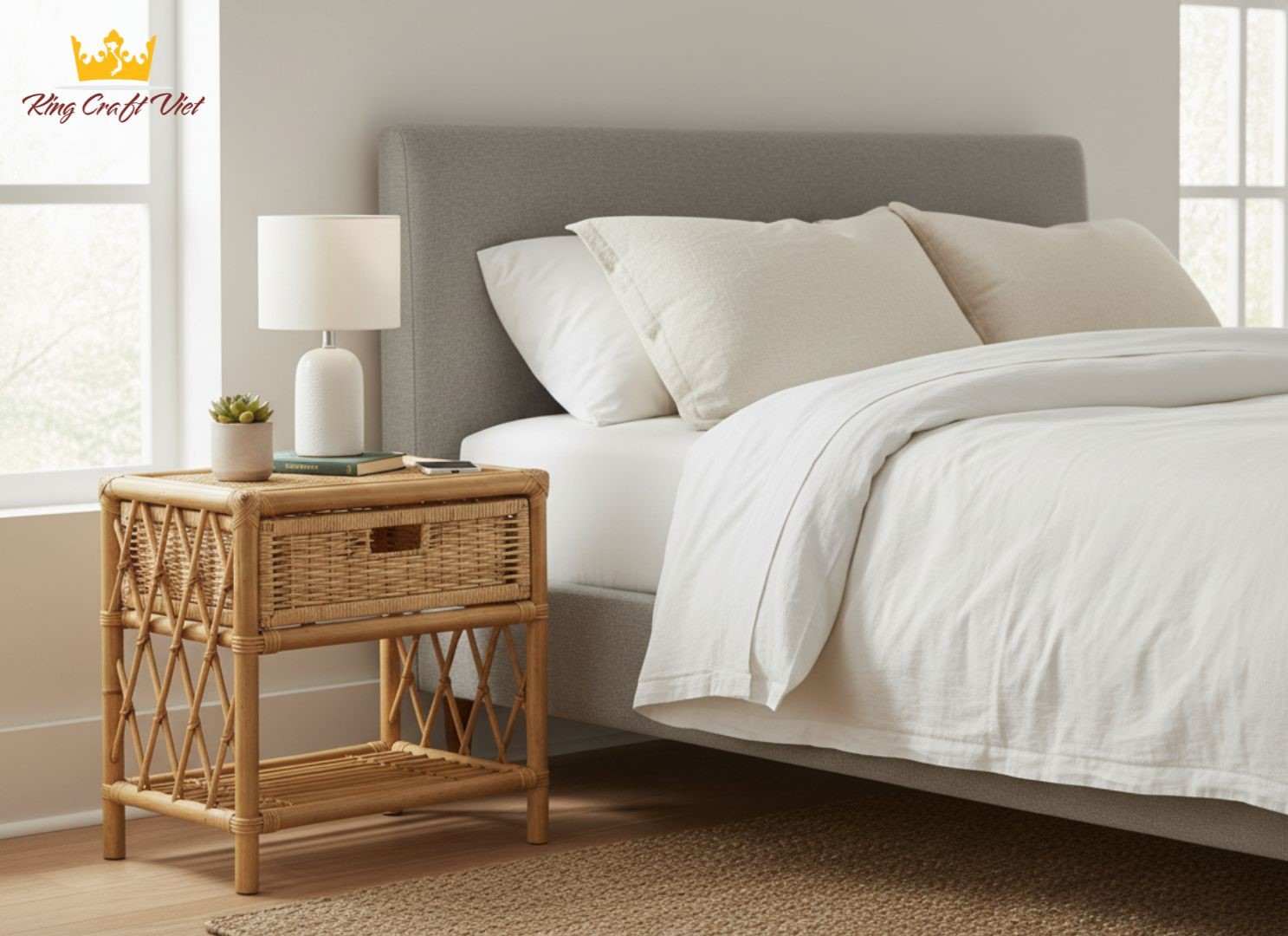 Bamboo bedside table in modern eco-friendly house interior design