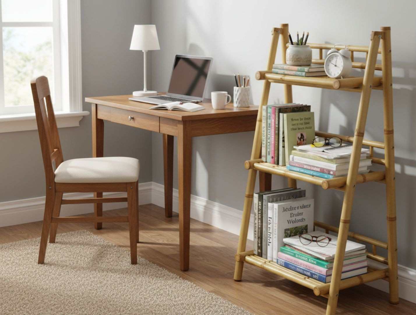bamboo storage shelf used as a bookshelf in a study room
