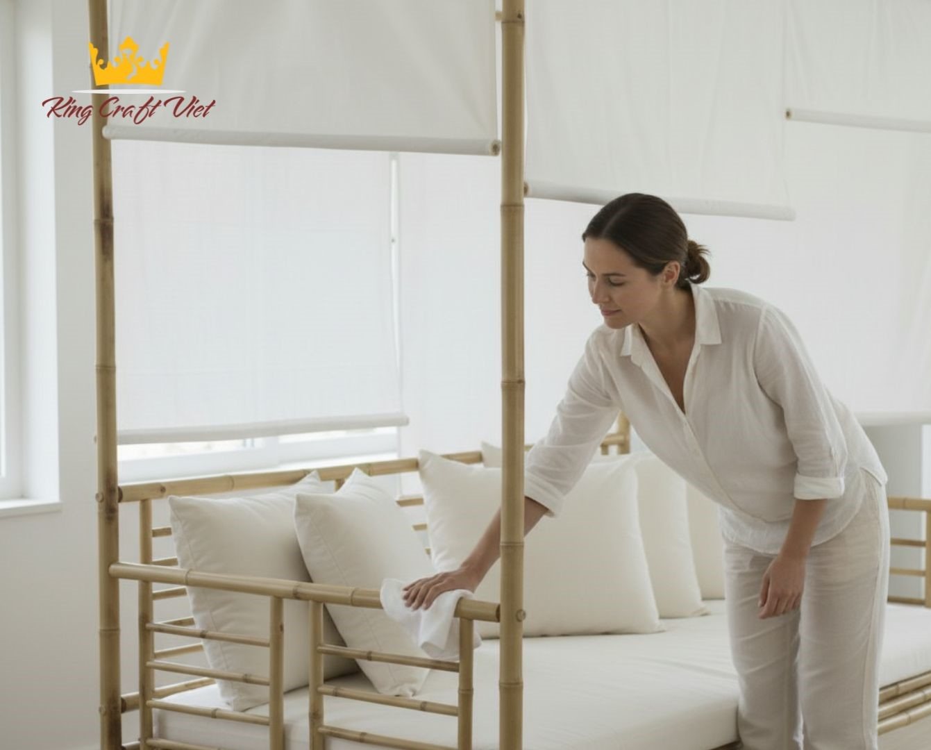 Cleaning and maintaining a handmade bamboo bed with a soft cloth