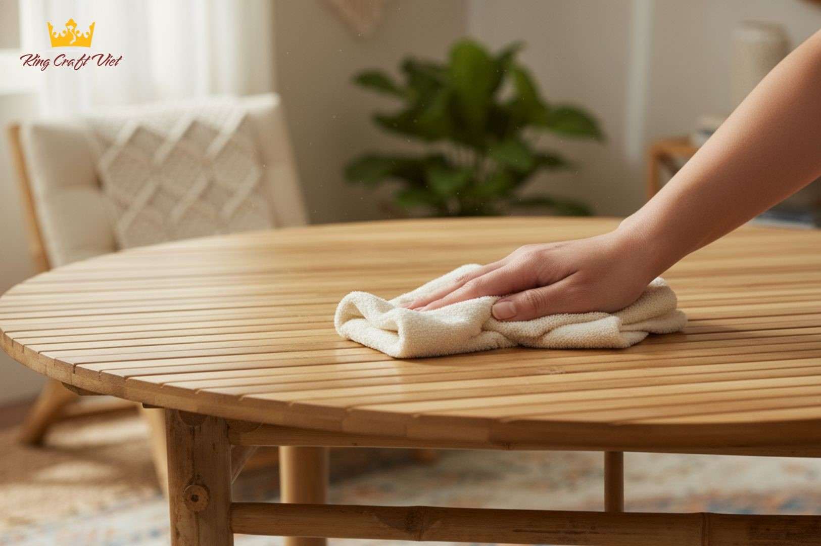 Cleaning bamboo coffee table with soft cloth to maintain natural shine