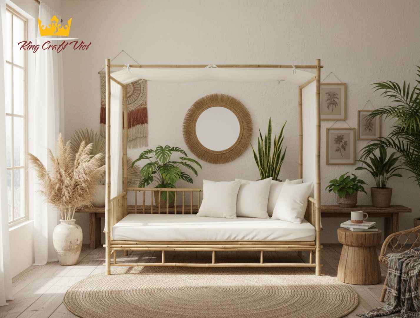 Handmade bamboo bed in a cozy tropical bedroom with natural decor