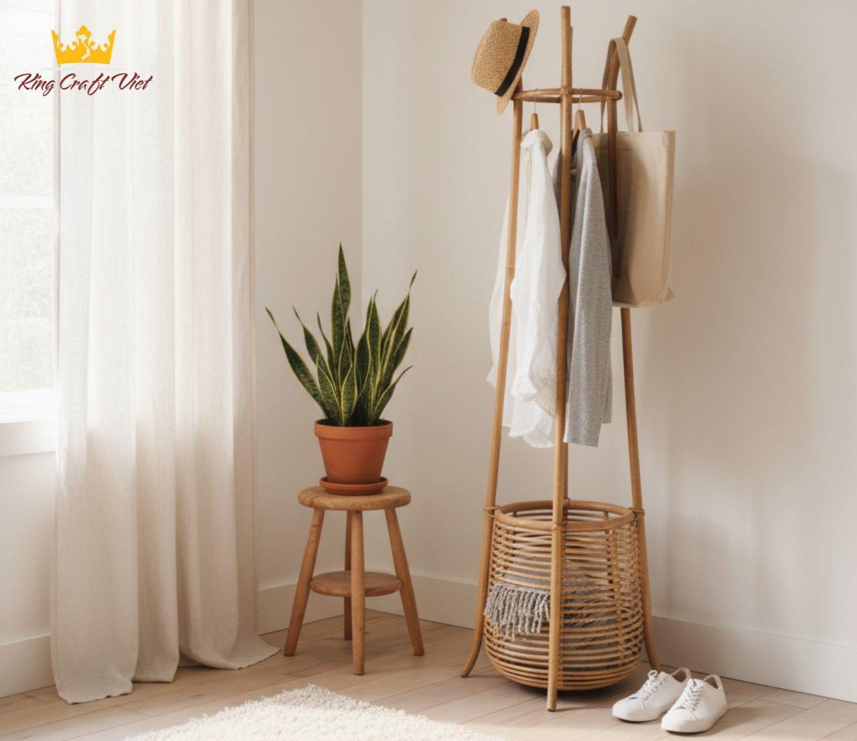Minimalist Scandinavian interior with bamboo clothes rack