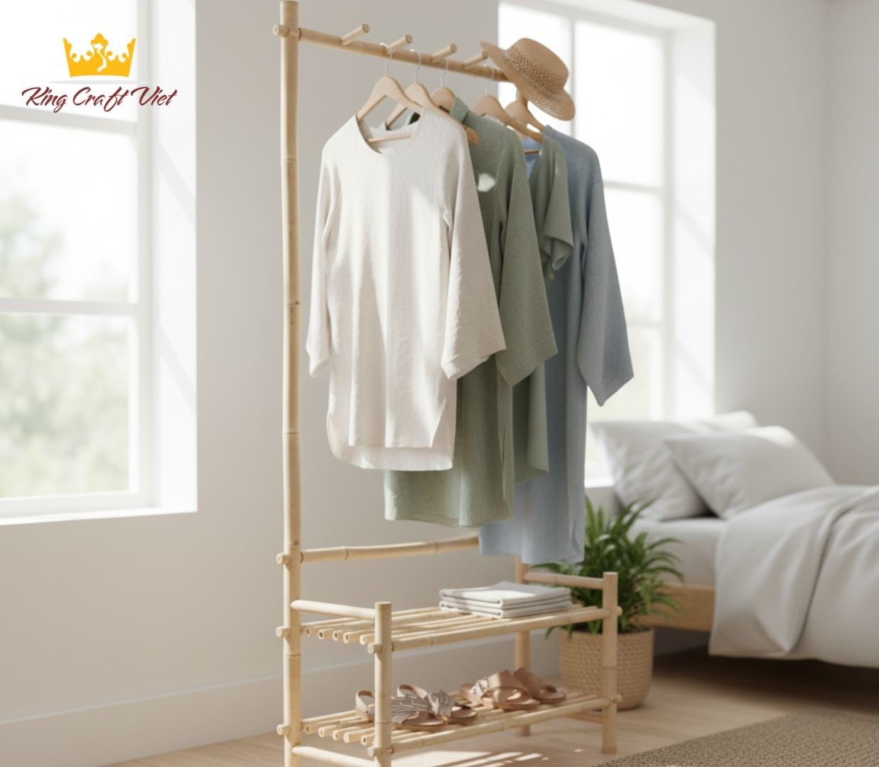 Modern minimalist bedroom featuring a bamboo clothes rack