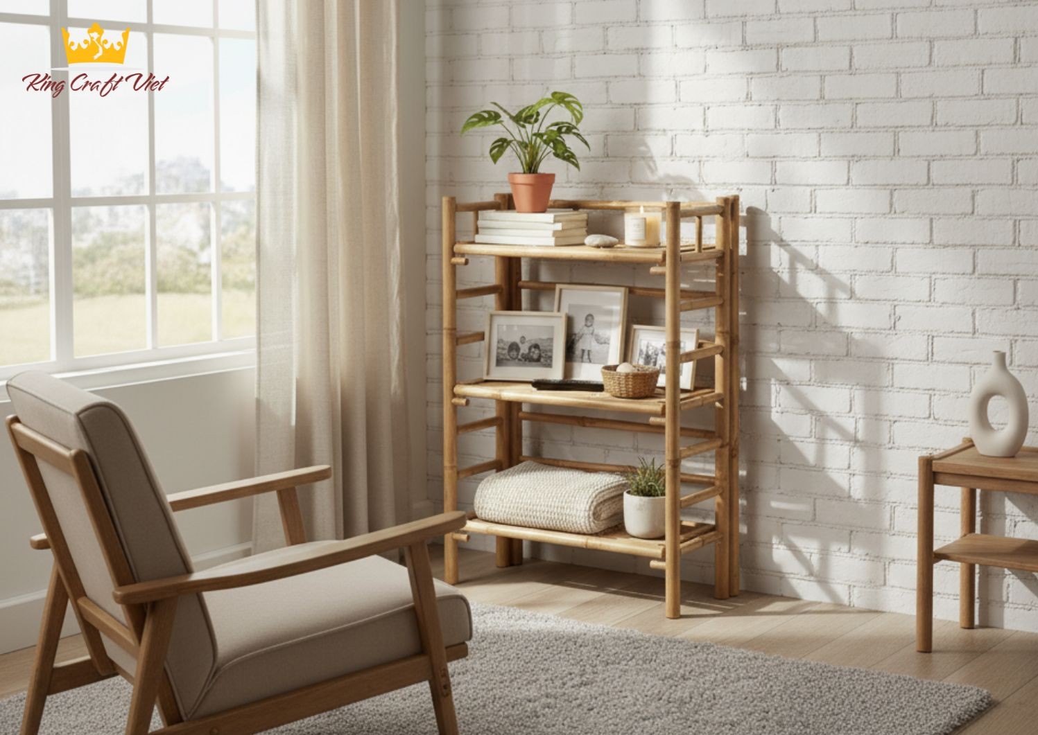 Three-tier bamboo storage shelf placed in a modern room