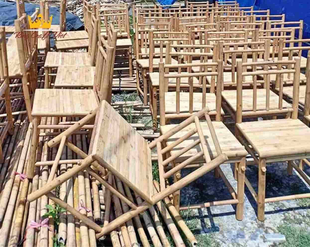 Bamboo chairs drying in outdoor workshop