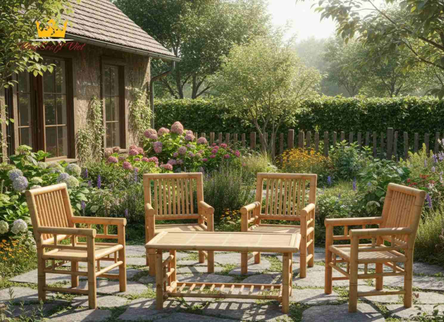 Bamboo outdoor furniture in a cozy garden setup