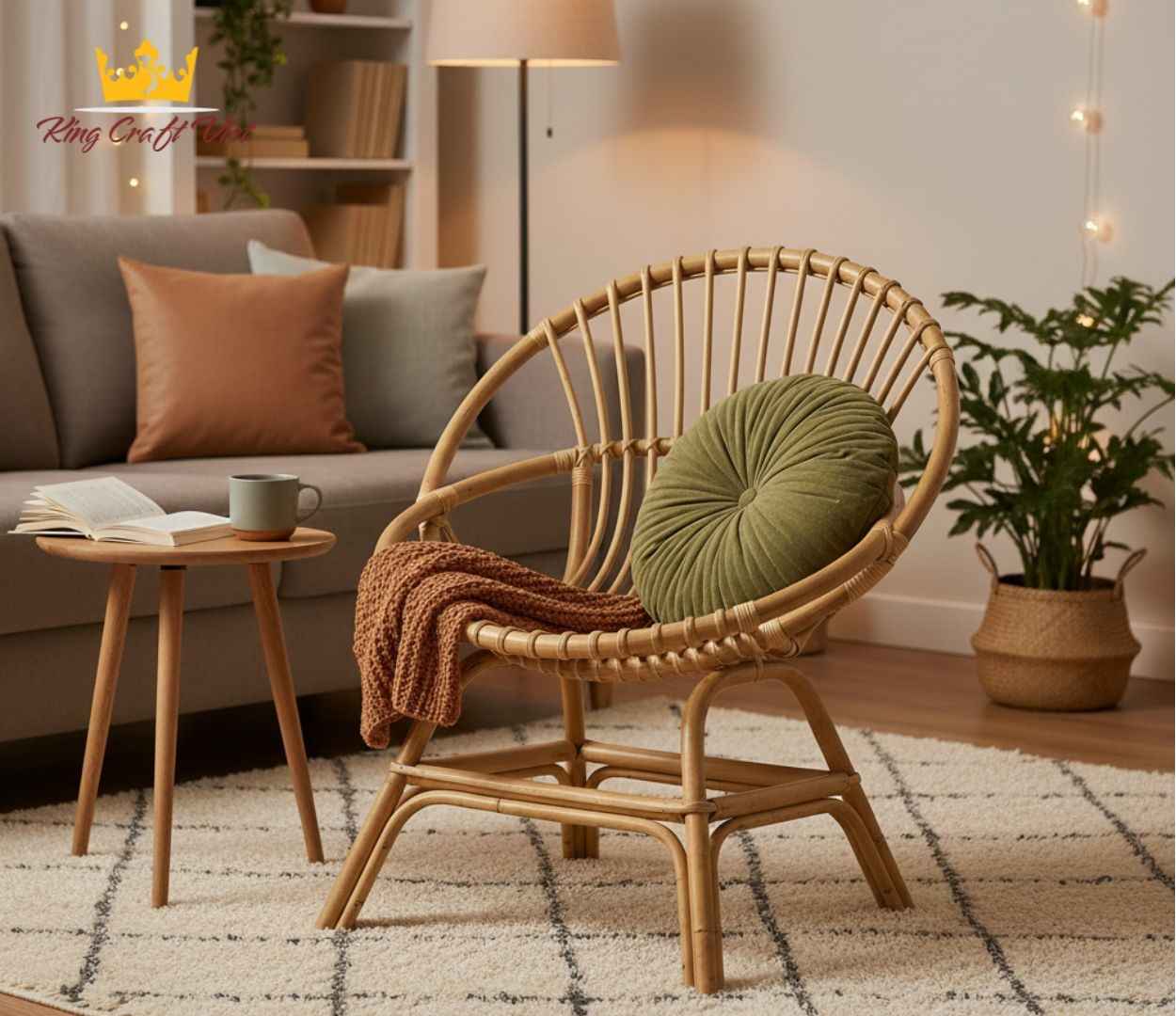 Handmade rattan chair styled in a cozy living room interior