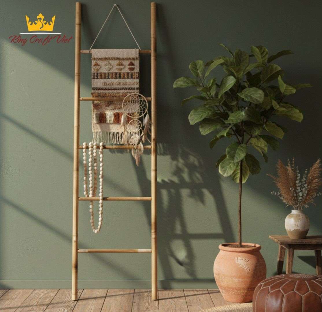 Bamboo ladder in boho style living room