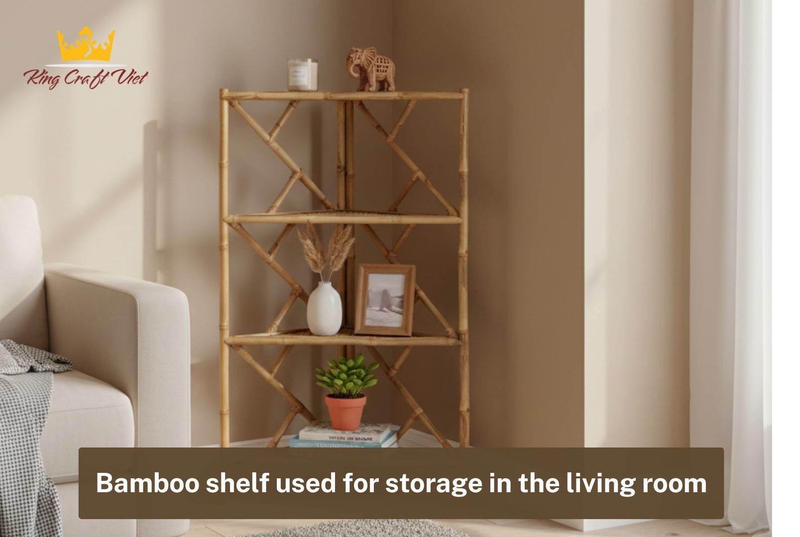 Bamboo shelf used for storage in the living room