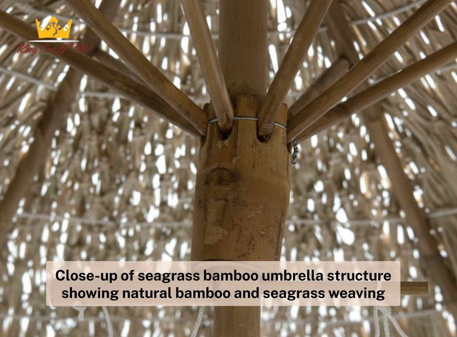 Close-up of seagrass bamboo umbrella structure