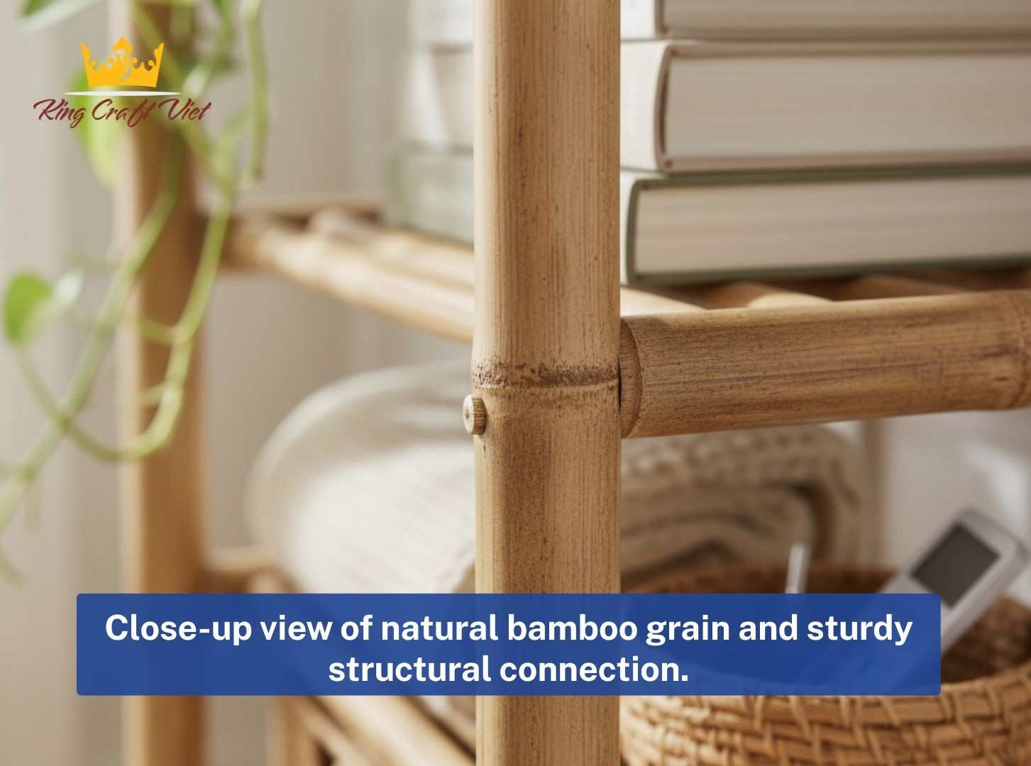 Close-up view of natural bamboo grain and sturdy structural connection.