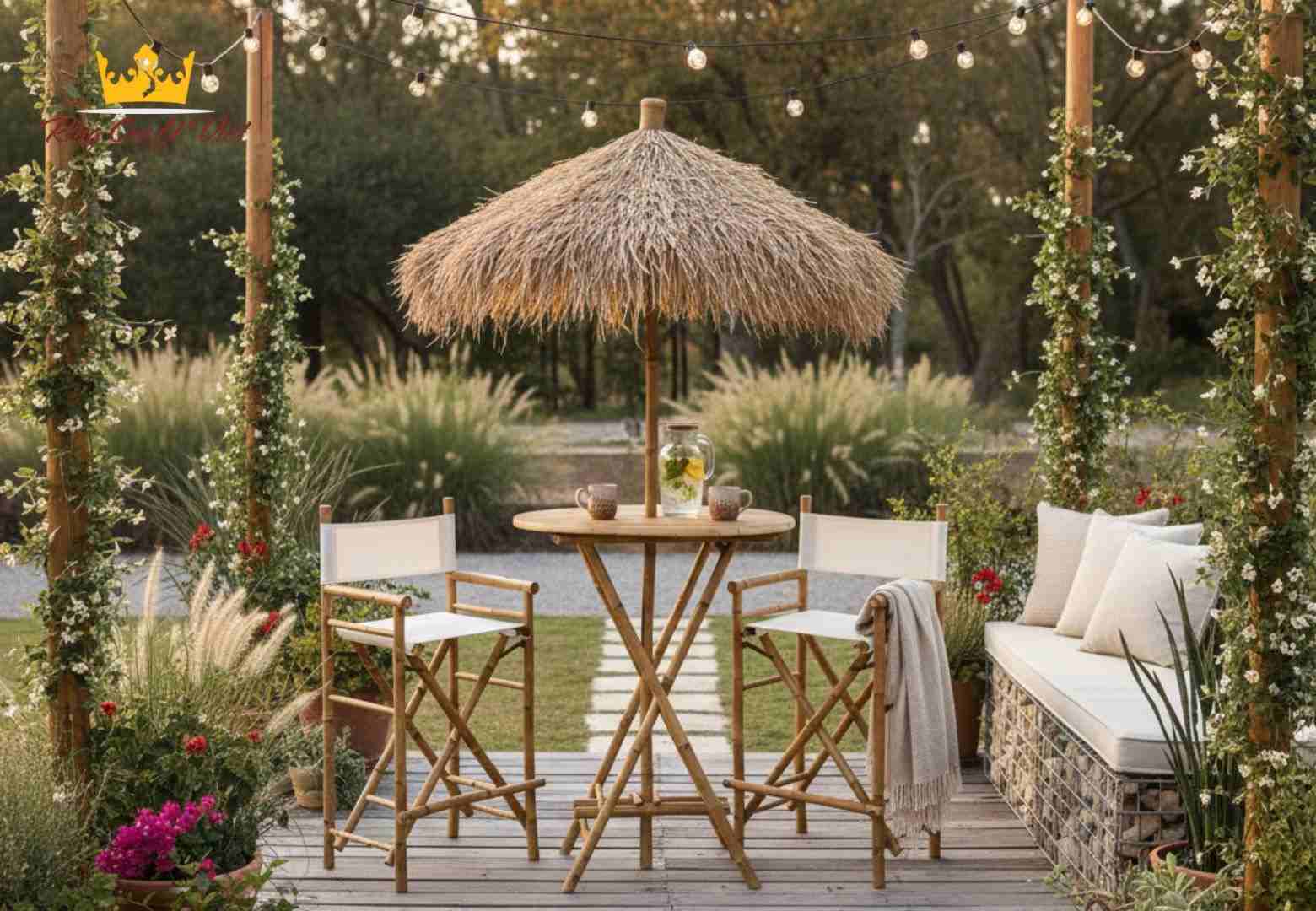 Seagrass bamboo umbrella used in sustainable outdoor living space