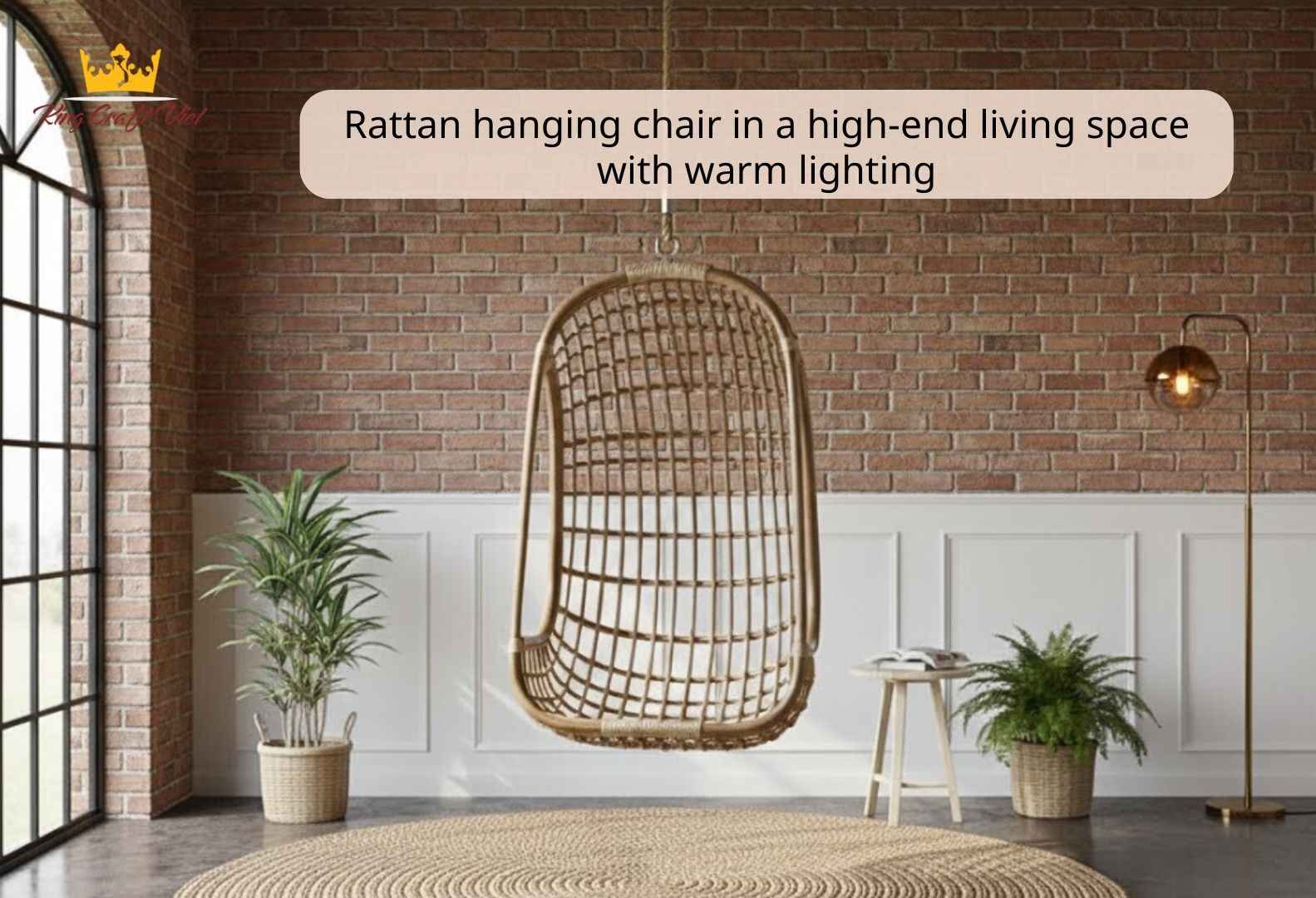 A rattan hanging chair in a luxurious living space with warm lighting