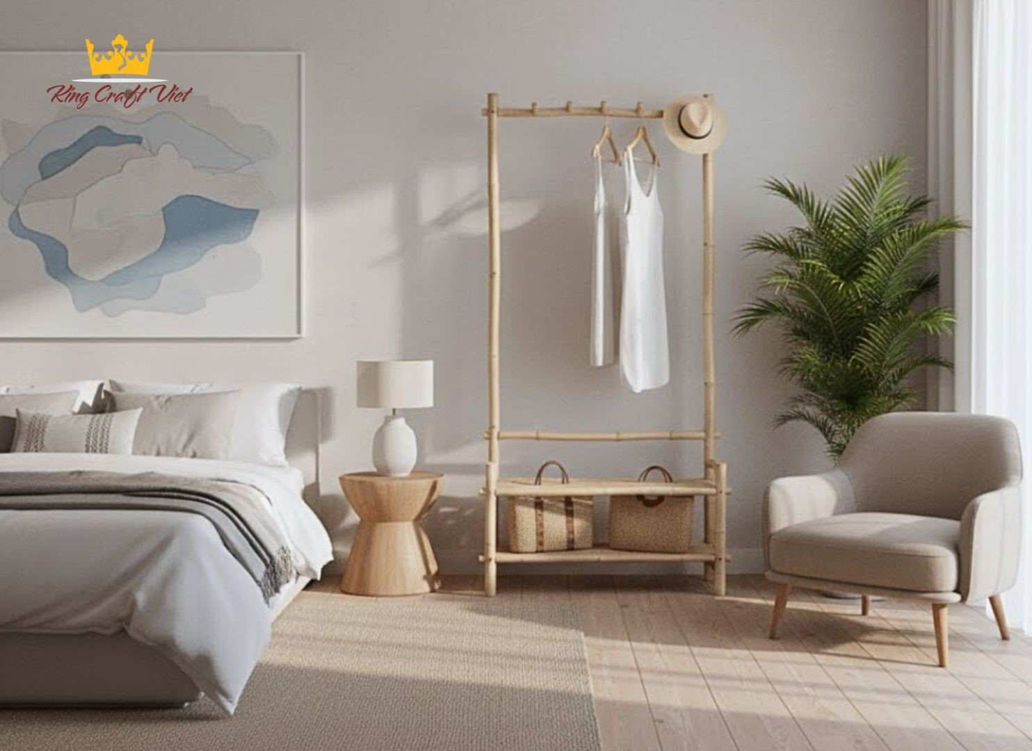 Eco-friendly bamboo clothes rack used in modern interior spaces 