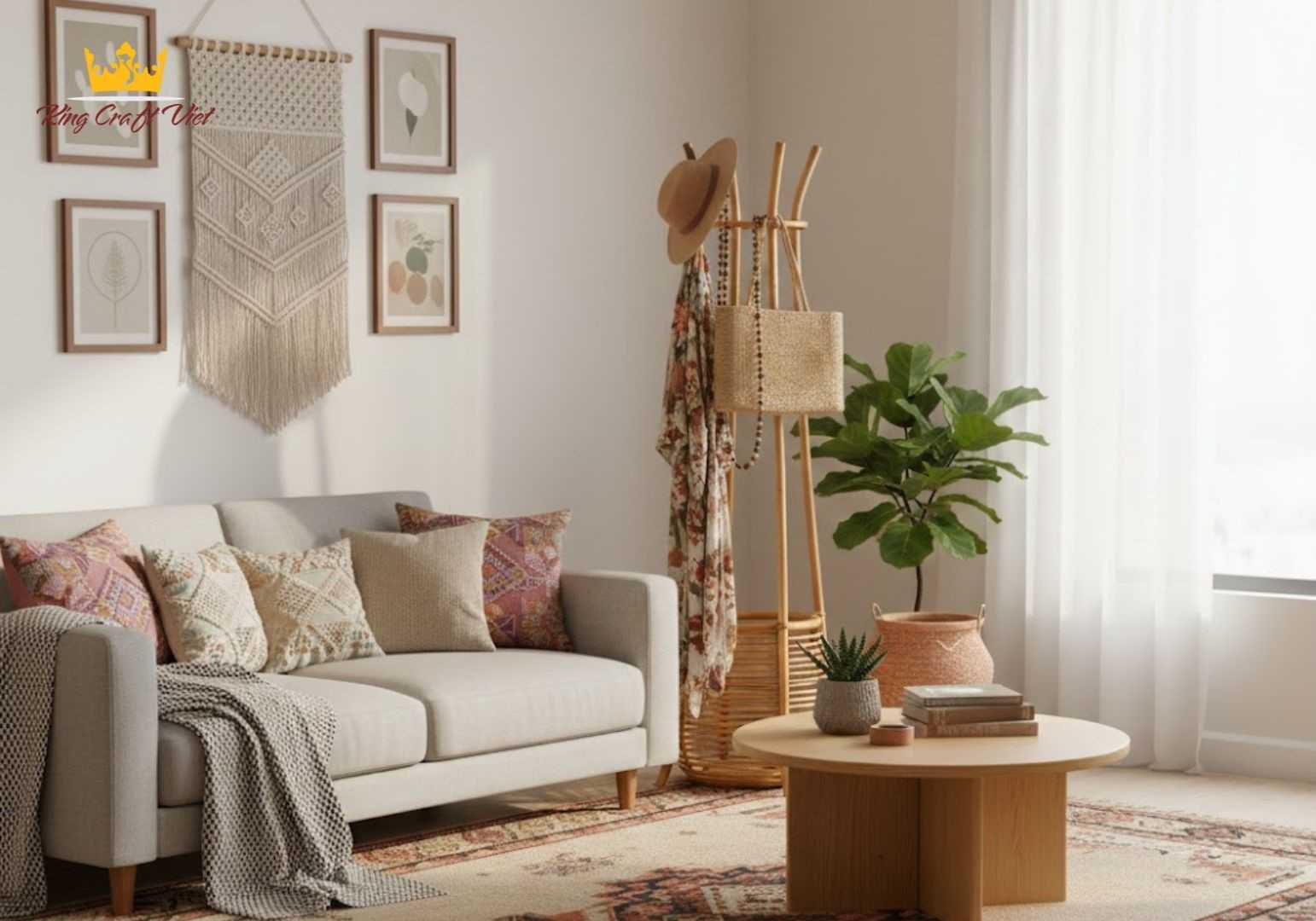 Eco-friendly rattan clothes rack displayed in living room space