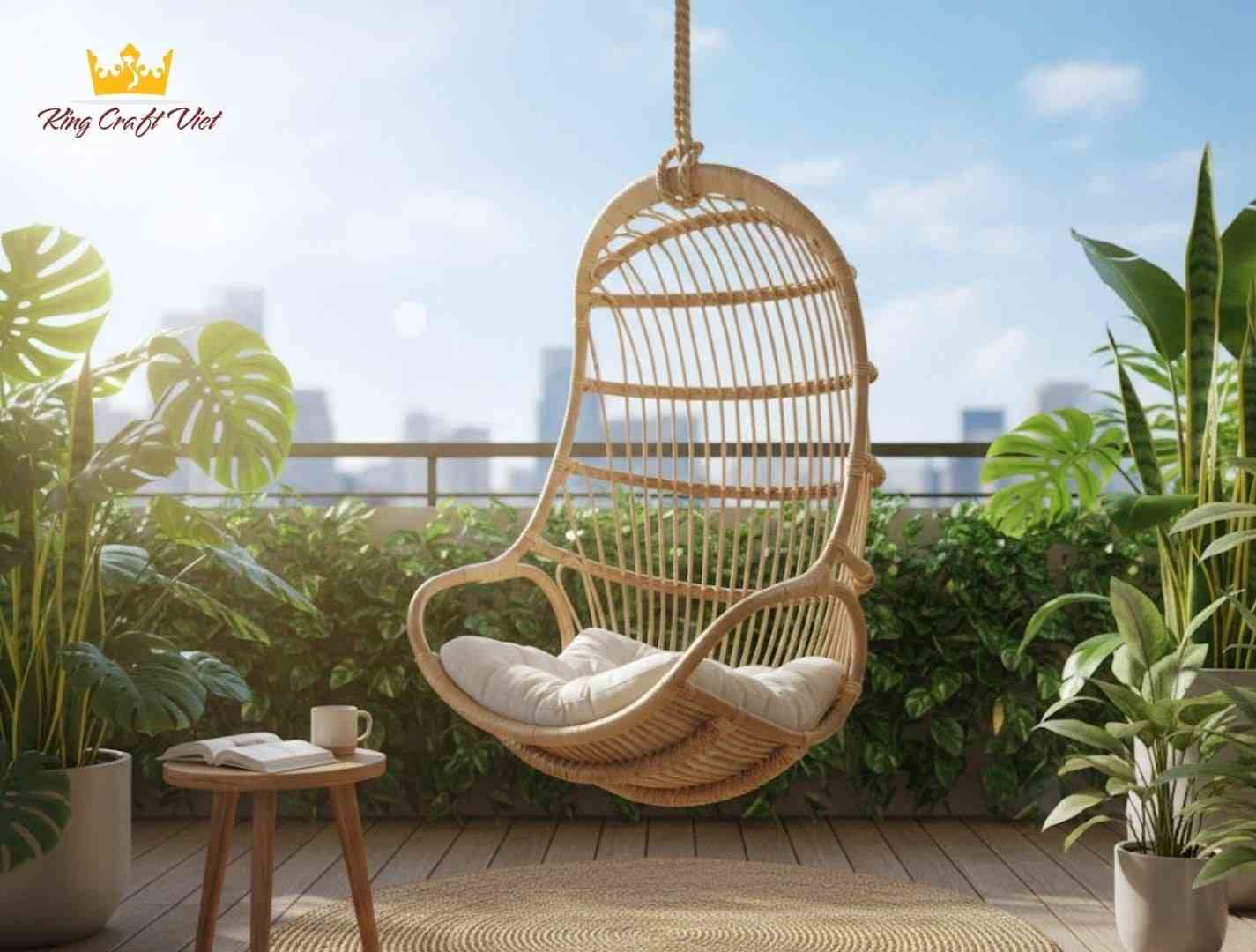 Handcrafted rattan hanging chair from Vietnam in a natural living space