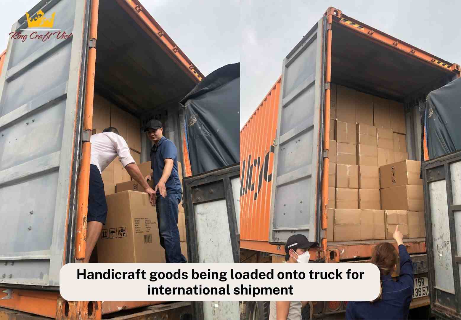 Handicraft goods being loaded onto truck for international shipment