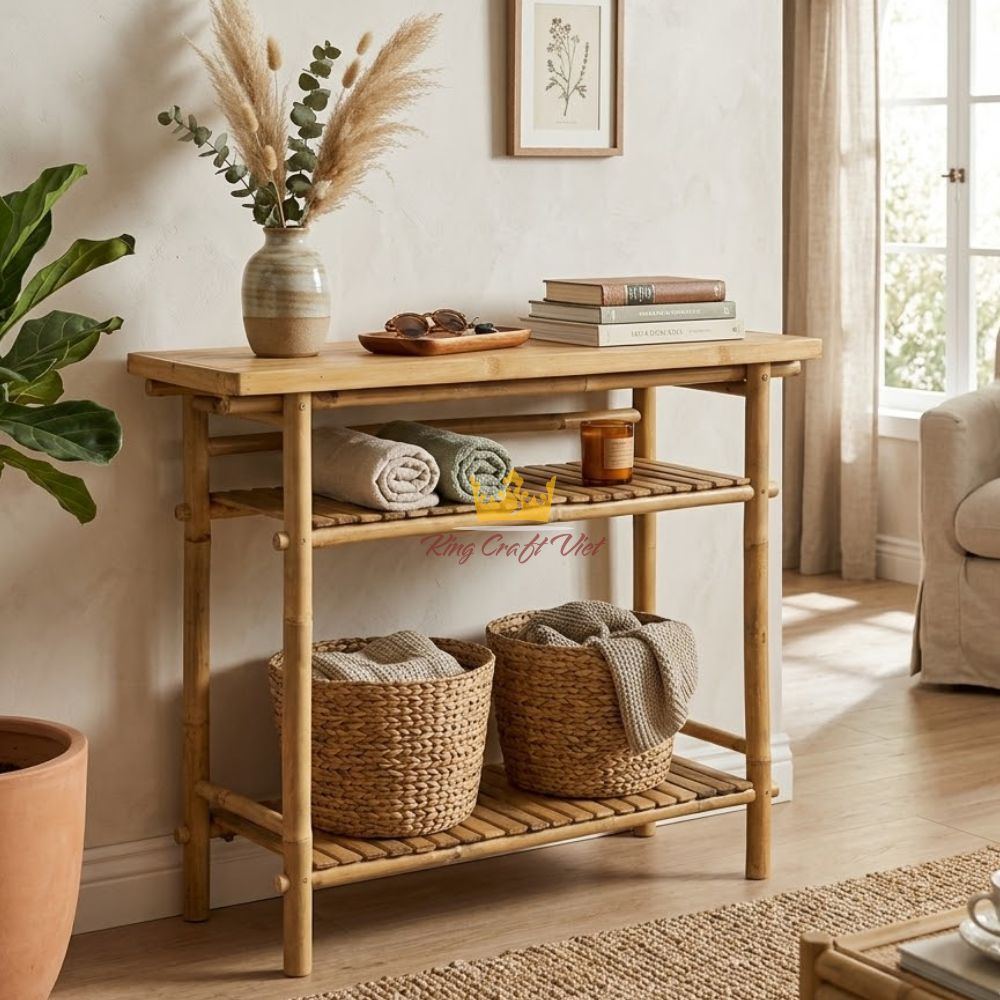 Natural bamboo table with storage shelves for home decor