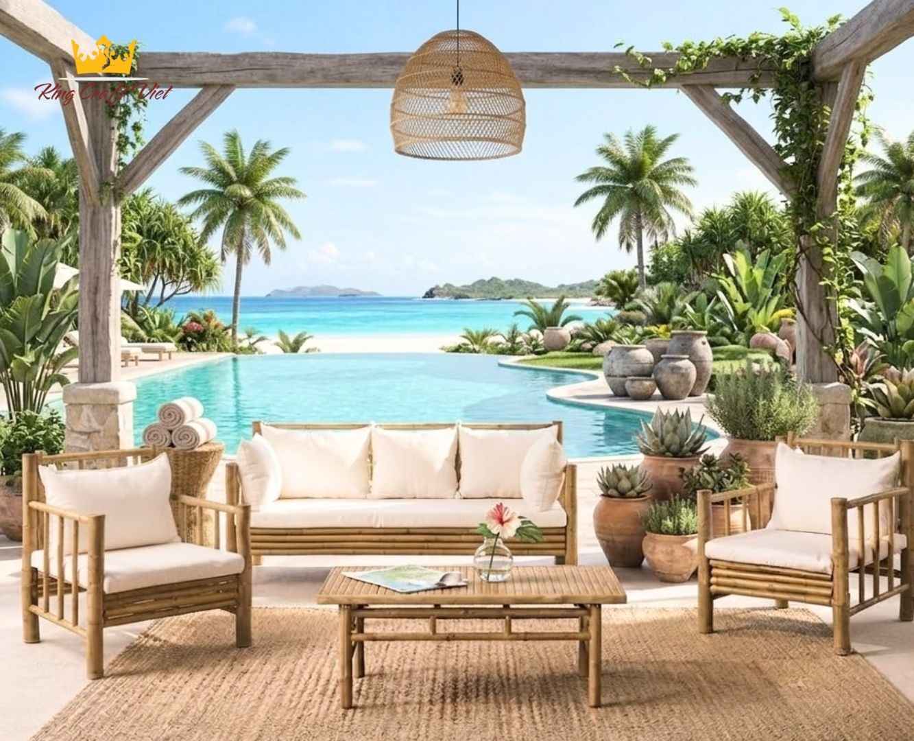 Bamboo table and chair set for outdoor garden and patio spaces
