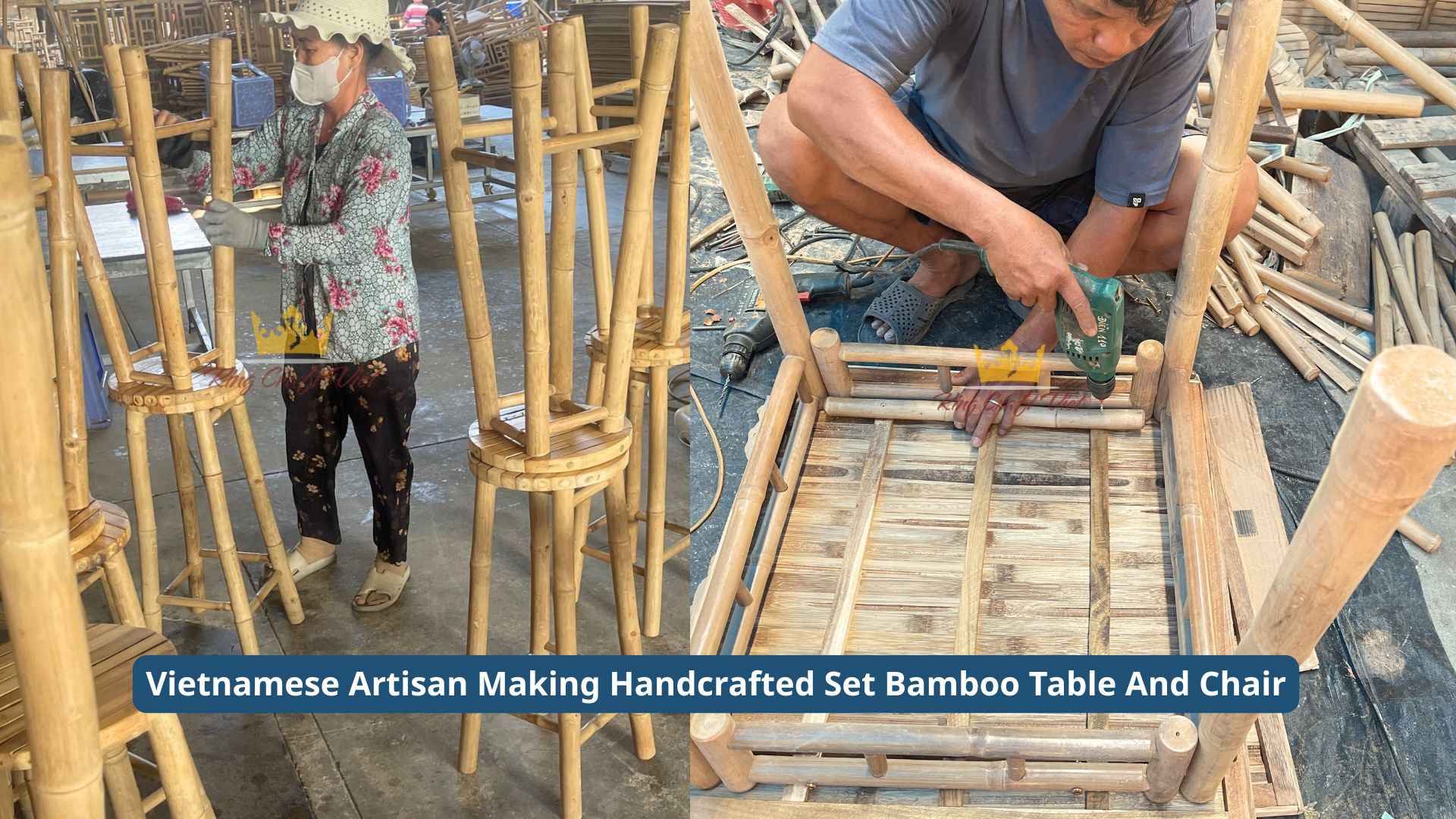 Vietnamese artisan making handcrafted set bamboo table and chair