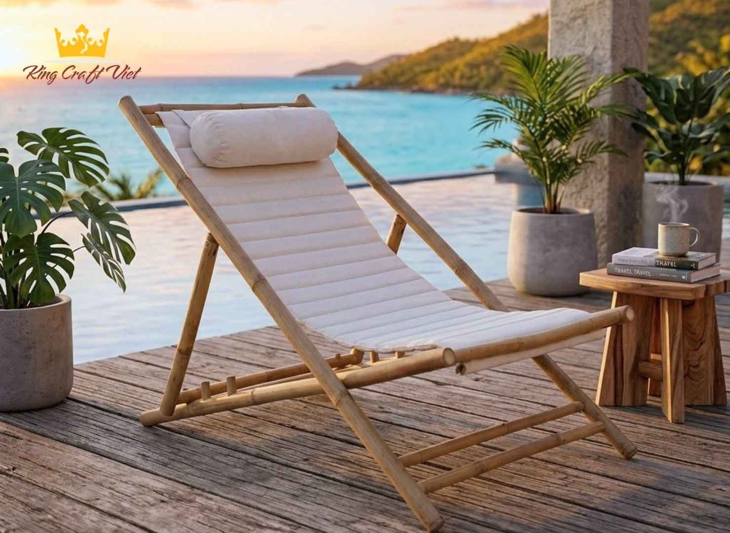 Comfortable bamboo outdoor lounge chair with cushion
