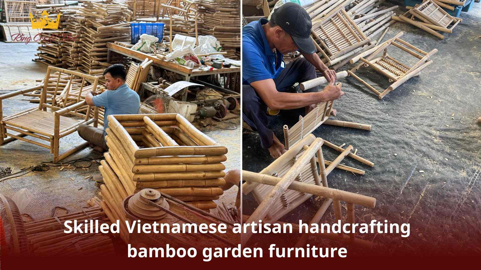 Skilled Vietnamese artisan handcrafting bamboo garden furniture